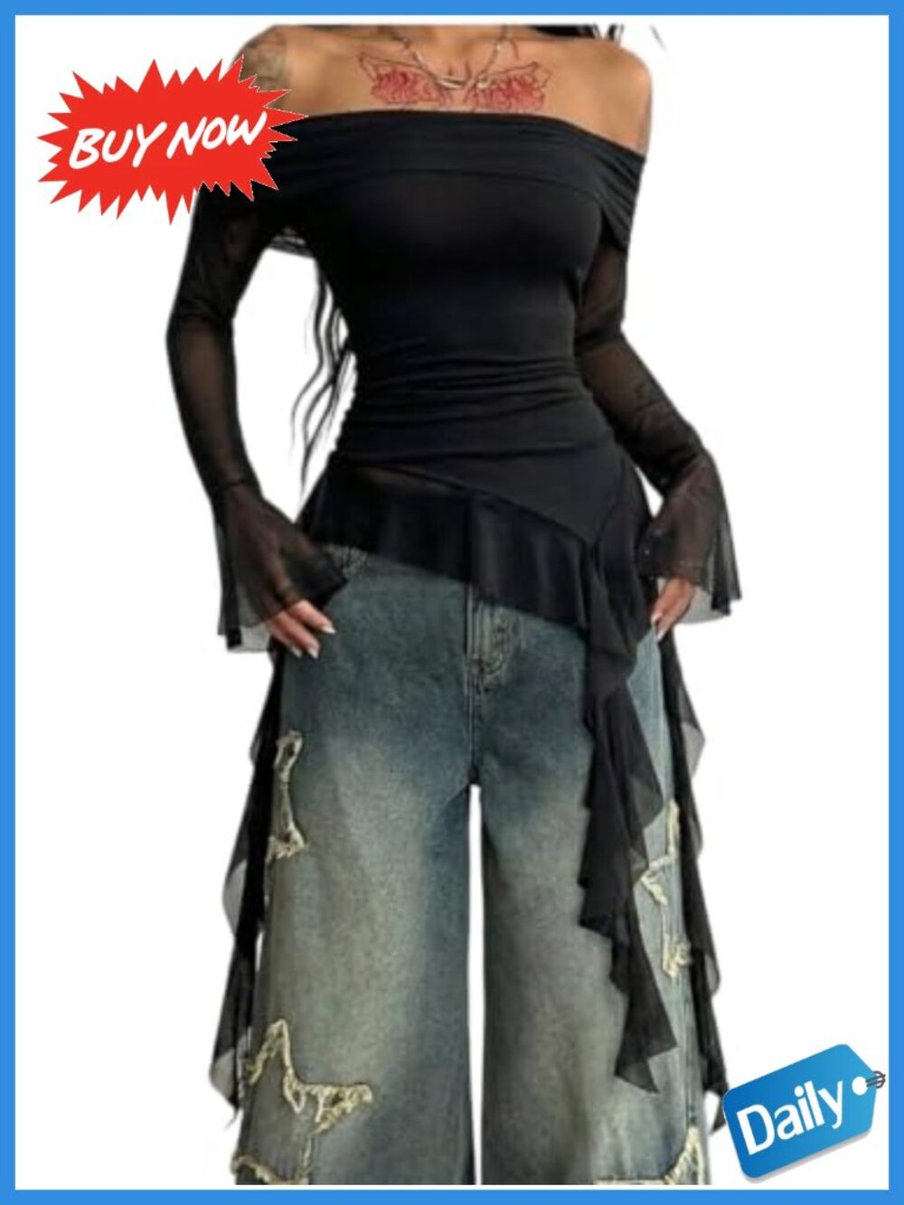 Off Shoulder Ruffle Top Asymmetrical Ruched Bell Sleeve Sheer Mesh Crop